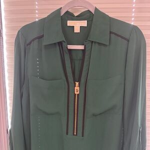 Michael Kors Green Zip Front Blouse Gold MK Logo Zipper Roll Tab Sleeves Size L